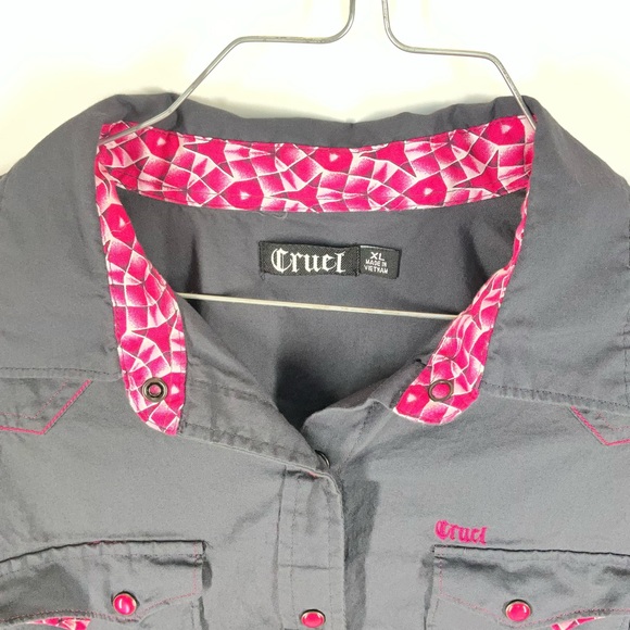 Cruel Women’s Western Gray w/ Pink Snap Button Long Sleeve Shirt | Size XL - Picture 3 of 12